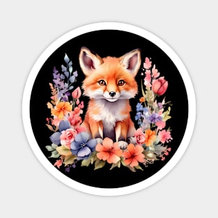 A red fox decorated with beautiful watercolor flowers Magnet